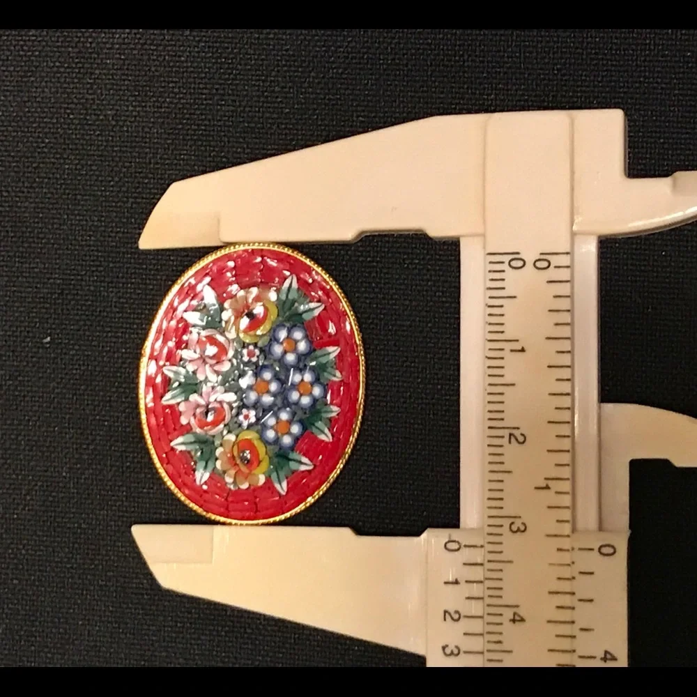 Vintage Red Floral Mosaic Brooch & ER
